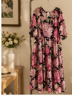 Hydrangea Floral Midi Dress L | Romantic Garden Party Cottagecore Coastal H&M